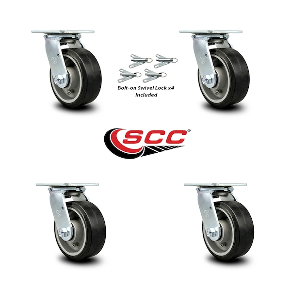 5 Inch Rubber on Aluminum Caster Set with Ball Bearing and Swivel Lock SCC